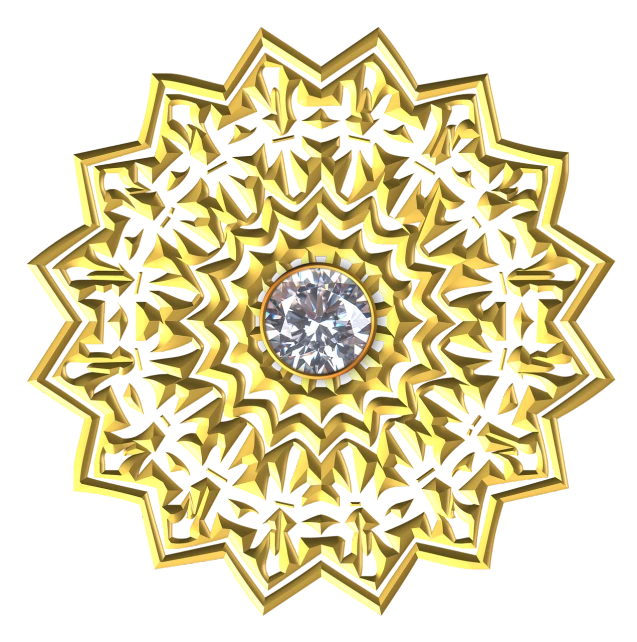 a gold flower with a diamond in the middle, a digital rendering, by Susan Heidi, arabesque, ornate gem in pommel, medallion, cut, star