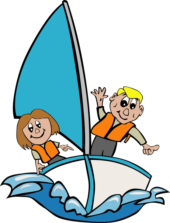 a boy and a girl on a sailboat, a cartoon, by Harry Beckhoff, pixabay, with a black background, people at work, waving, loosely cropped