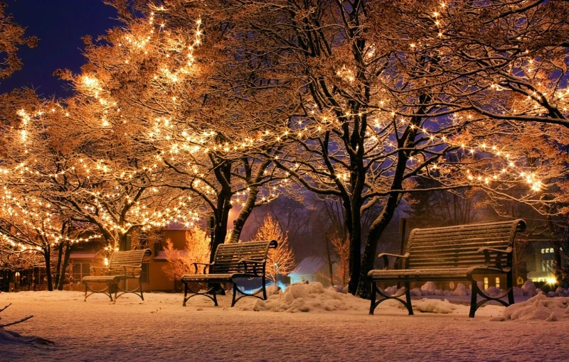 a couple of benches that are in the snow, a picture, tumblr, christmas lights, glistening gold, ( 3 1, breath taking