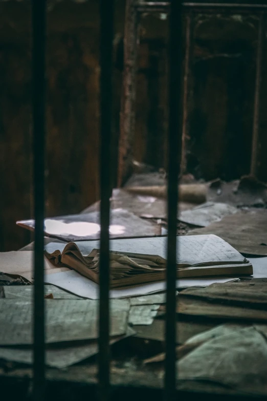 a pair of scissors sitting on top of a piece of paper, a portrait, by Elsa Bleda, unsplash, in a ravaged library, cell bars, religious, shack close up