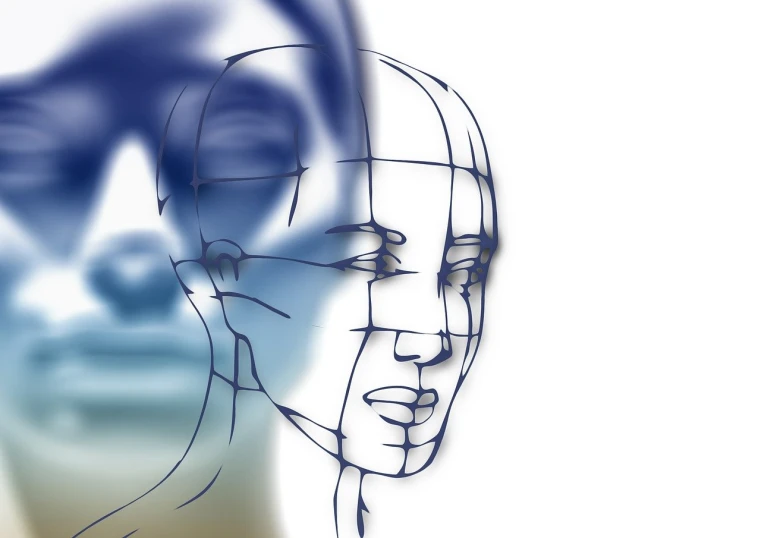 a close up of a drawing of a person's face, digital art, on a mannequin. high resolution, soft outlines, golden ratio illustration, dominant wihte and blue colours