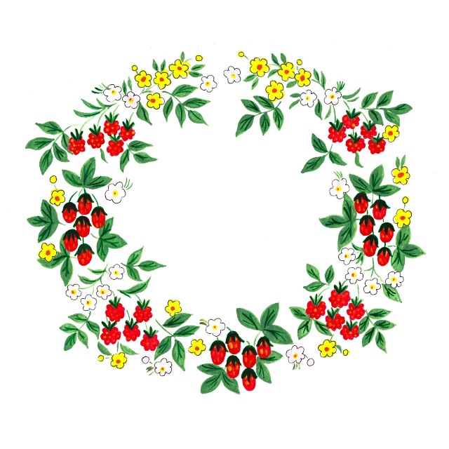 a wreath of strawberries and daisies on a black background, a digital rendering, folk art, colored woodcut, shirt design, random background scene, berries