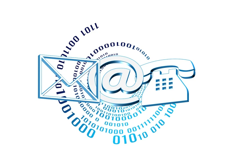 a close up of a phone on a white background, computer art, matrix symbols in the background, email, infographics. logo. blue, digitalt art