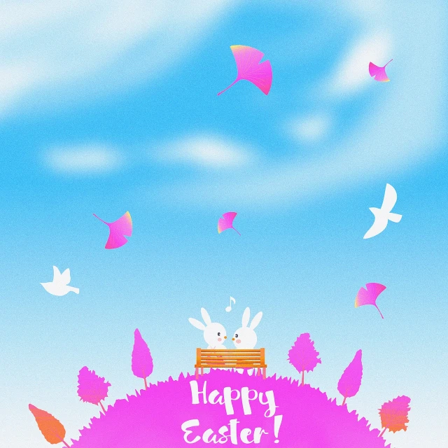 a rabbit that is sitting on top of a hill, a picture, by Kamisaka Sekka, flying leaves on backround, easter, background image, blue and pink colors