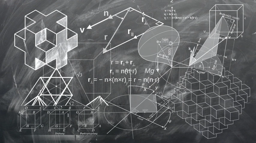 a blackboard with some drawings on it, a digital rendering, by Kurt Roesch, analytical art, geometrical, formulae, triangles in background, plans