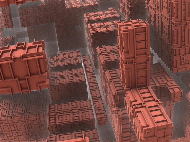 a bunch of red bricks stacked on top of each other, an ambient occlusion render, by Dan Christensen, polycount contest winner, cubo-futurism, shipping containers, mandelbulb 3d fractal, maze of streets, 8k octae render photo
