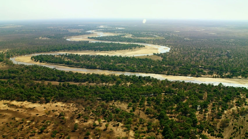 an aerial view of a river surrounded by trees, by Peter Churcher, flickr, hurufiyya, as an air balloon, chad, cheeky!!!, coastline