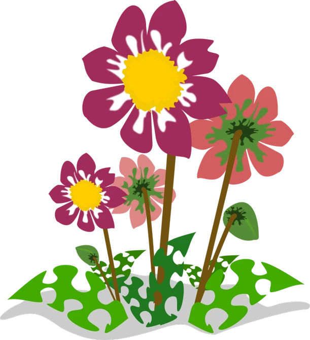 a bunch of flowers that are in the grass, a digital rendering, inspired by Masamitsu Ōta, sōsaku hanga, dahlias, harry volk clip art style, pot, cartoon image