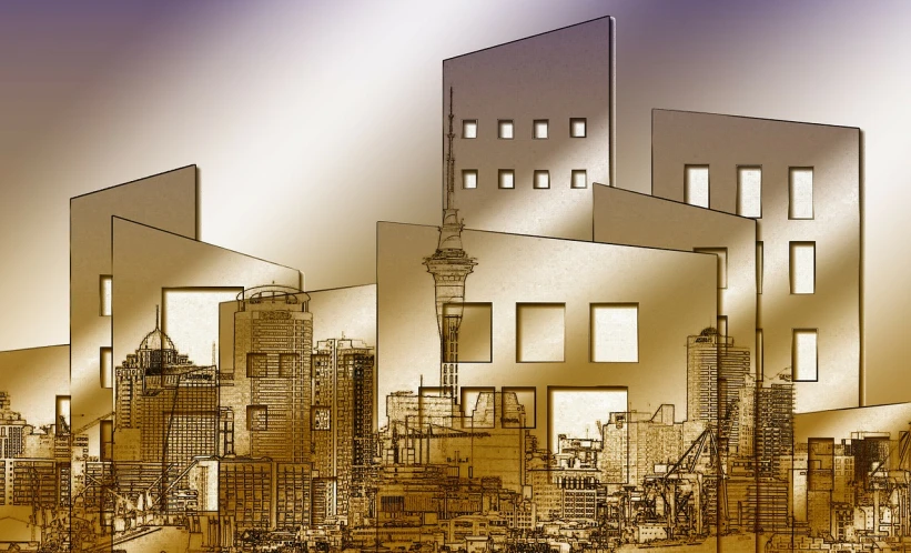 a drawing of a city with lots of tall buildings, a digital rendering, by Wayne England, shutterstock, digital art, sepia photography, tokyo mural, gold, scrapyard architecture