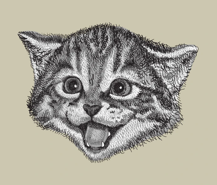 a black and white drawing of a cat's face, a stipple, by Louis Wain, ascii art, highly detailed vector art, sharp high detail illustration, happy with his mouth open, the cutest kitten ever