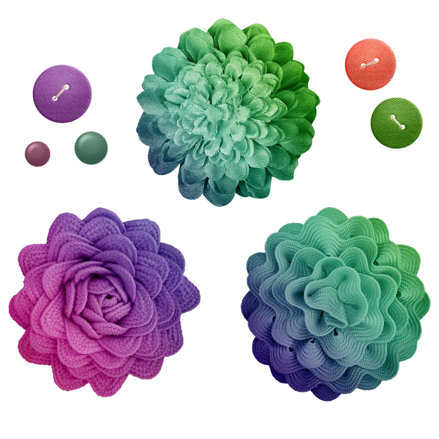 a bunch of different colored flowers on a black background, a digital rendering, inspired by Yanagawa Nobusada, flickr, op art, floating candles, crochet skin, highly detailed product photo, green and purple color scheme