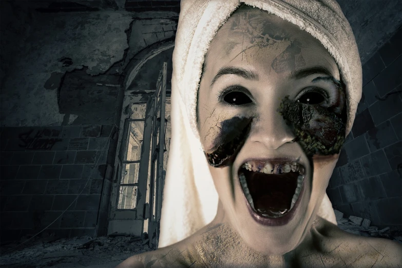 a close up of a person with a towel on their head, massurrealism, inside a haunted destroyed house, excited facial expression, photo illustration, failed cosmetic surgery