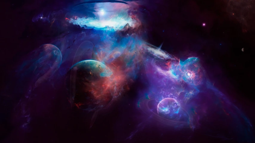an image of a group of planets in outer space, digital art, trending on cg society, space art, spiritual abstract forms, vibrant nebula, generative art nebula, purple nebula
