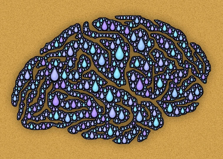 a drawing of a brain with drops of water on it, digital art, by Jon Coffelt, shutterstock, puddles of water on the ground, tesselation, pastel, many heads