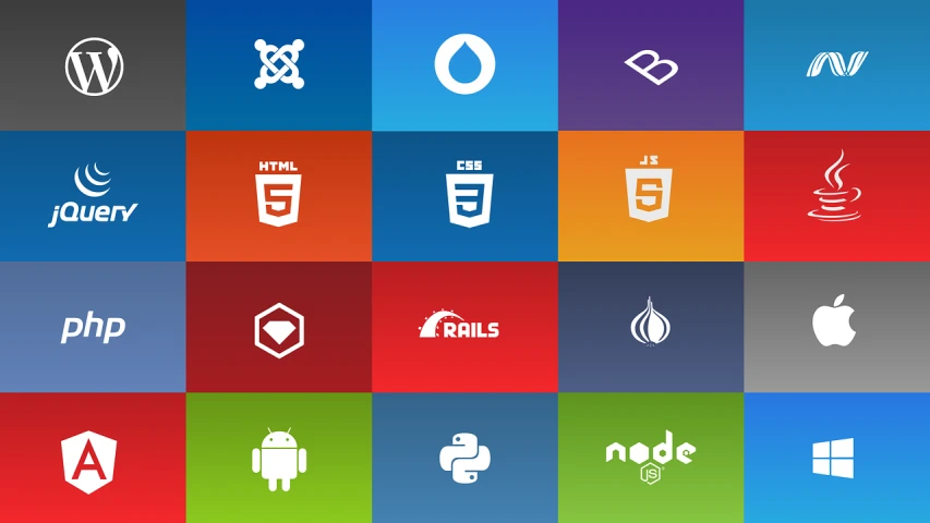 a bunch of different logos on a colorful background, by Android Jones, rails, flat image, servers, portlet photo