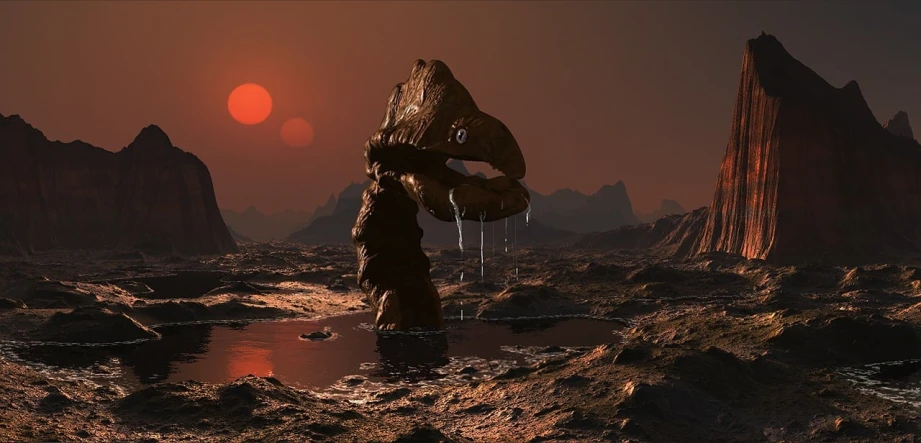 a man standing on top of a rocky hill next to a body of water, by Alexander Kucharsky, zbrush central contest winner, sunset on mars, devouring a planet, planet with rings, photorealistic - h 6 4 0