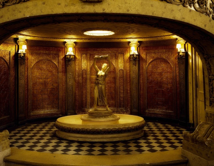 there is a statue in the middle of a room, inspired by Sydney Prior Hall, flickr, art nouveau, underground temple, golden dappled dynamic lighting, mgm studios, full length photo