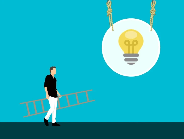 a man that is standing in front of a ladder, a cartoon, inspired by Emiliano Ponzi, trending on pixabay, happening, edison bulb, hanging, light-blue, one contrasting small feature