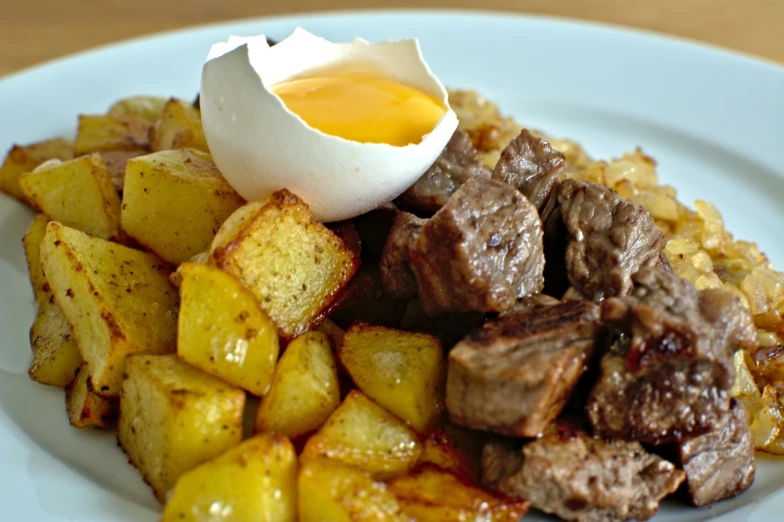 a white plate topped with meat and potatoes, inspired by Géza Dósa, tumblr, eggs, chuck roast norris, detailed zoom photo, foodphoto