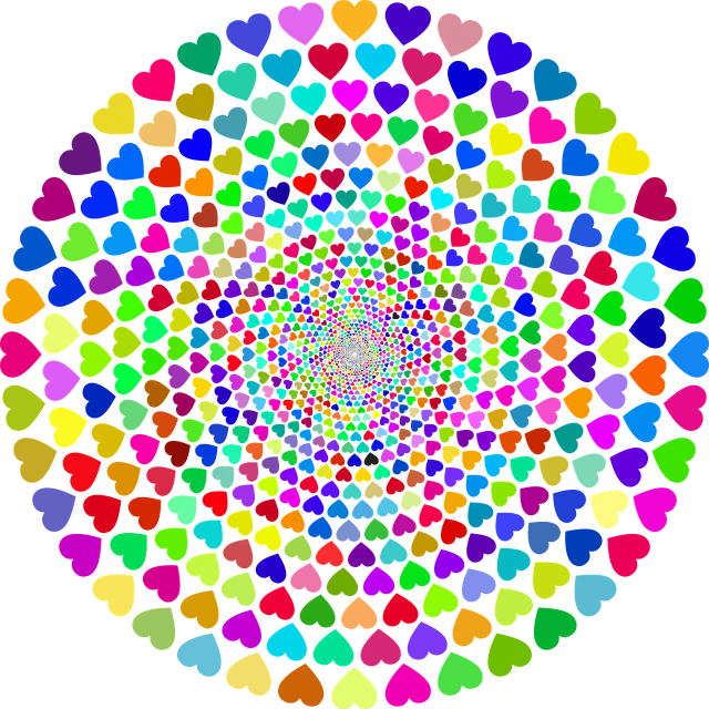 a multicolored circle of hearts on a black background, a raytraced image, inspired by Lisa Frank, flickr, psychedelic art, magic eye, twirly, datamoshed, mandala