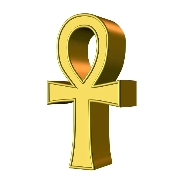 a gold ankhet on a white background, an illustration of, symbolism, cross, luxor, omega, flash photo