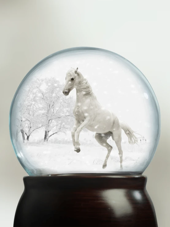 a snow globe with a white horse inside of it, inspired by John Frederick Herring, Sr., shutterstock contest winner, magical realism, c 4 d ”