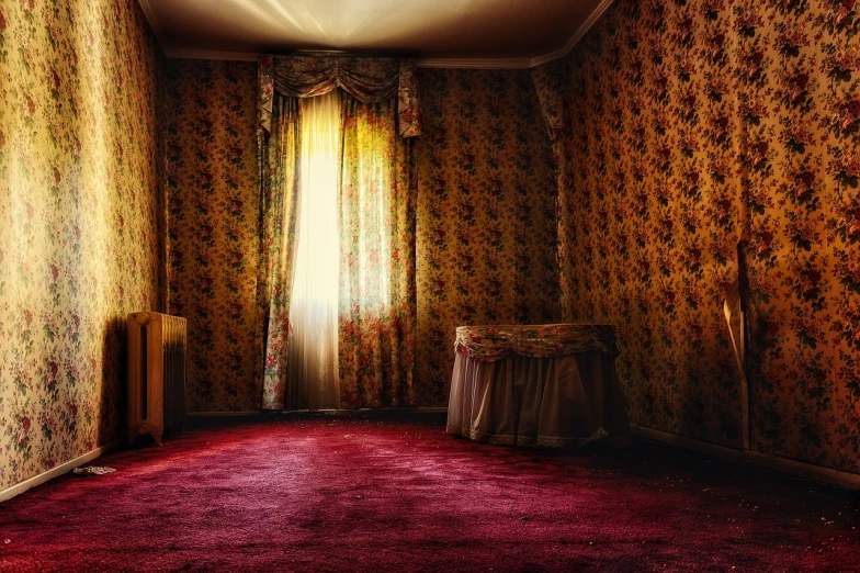 a room with floral wallpaper and a radiator, inspired by Elsa Bleda, shutterstock, inside haunted house, faded red and yelow, old moist carpet, glowing drapes
