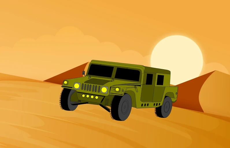 a green jeep driving down a desert road, an illustration of, digital art, cartoon style illustration, humvee, sunset illustration, mobile game background