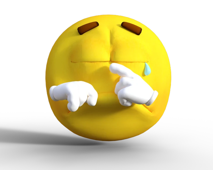 a close up of a smiley face on a black background, inspired by Heinz Anger, facepalm, 3d character, with a hurt expression, drops