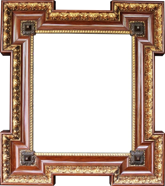a wooden picture frame on a white background, a portrait, inspired by Frederick Lord Leighton, baroque, brown red and gold ”, face covers half of the frame, kodak 2383, panels