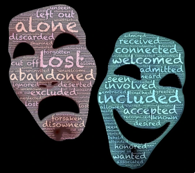 a couple of masks sitting next to each other, by Jeanna bauck, trending on pixabay, ascii art, random english words, deteriorated, the world of lost souls, happy and disarmed