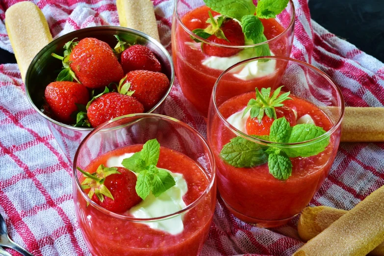 three glasses of strawberries and a bowl of strawberries, pixabay, renaissance, soup, sea of parfait, cutecore, body shot