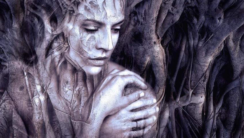 a close up of a statue of a person, an airbrush painting, inspired by Brian Froud, fantasy art, fractal veins. cyborg, woman in a dark forest, gently caressing earth, with a few scars on the tree