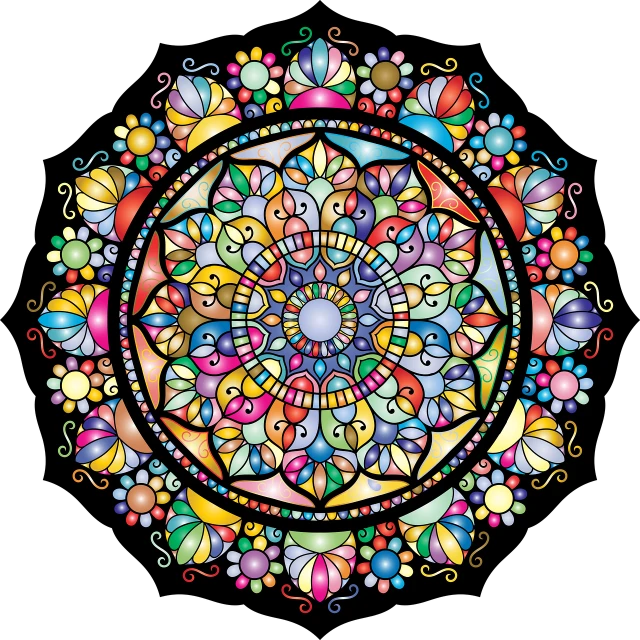 a colorful circular design on a black background, by Joe Mangrum, colored illustration for tattoo, ornate painting, lowres, stained glass style