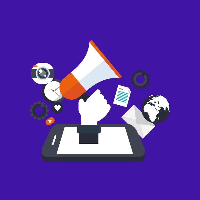 a person holding a megaphone on top of a cell phone, a digital rendering, trending on pixabay, violet colored theme, advertisements, document photo, items and gadget