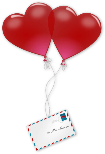 a couple of heart shaped balloons attached to a postcard, a cartoon, pixabay contest winner, mail art, [ digital art ]!!, red - black, clipart, foil