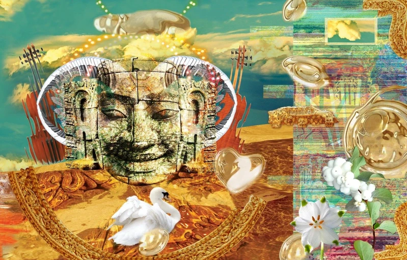 a collage of an image of a man's face, inspired by Nam Gye-u, cg society contest winner, psychedelic art, opal statues adorned in jewels, mixed media style illustration, spiritual scene, smile like a sphinx
