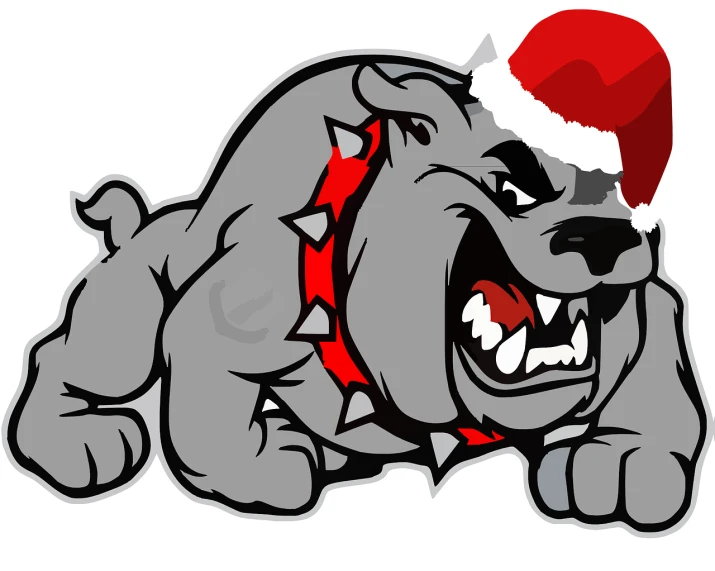 a cartoon bulldog wearing a santa hat, shutterstock, high school mascot, crimson and grey color scheme, hellhounds, head down