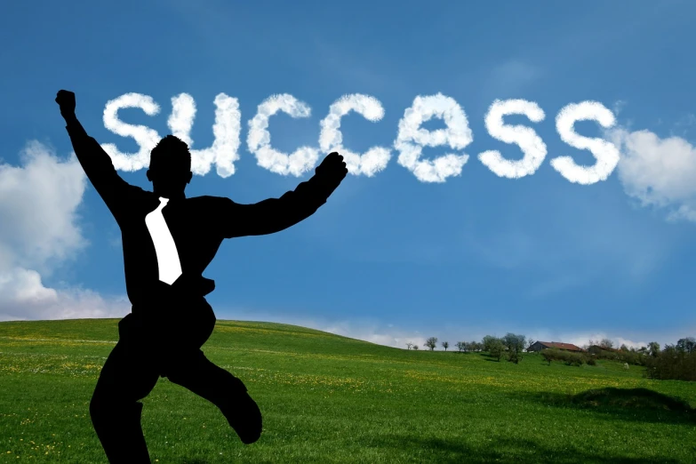 a man jumping in the air in front of the word success, a picture, inspired by John Maxwell, pixabay, silhouettes in field behind, thumbs up, alfred hitchcock, hillside