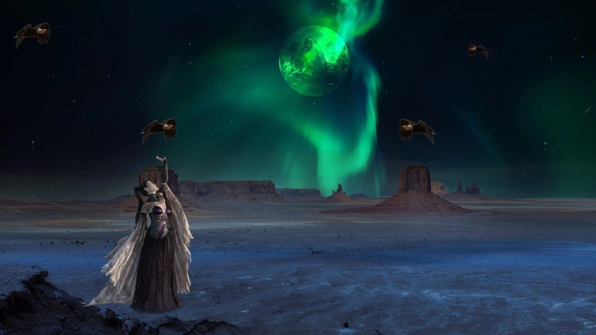 a woman that is standing in the snow, a matte painting, pixabay contest winner, fantasy art, eclipse of aurora on mars, an undead desert lich pharaoh, looking out into the cosmos, yoda fantasy art portrait