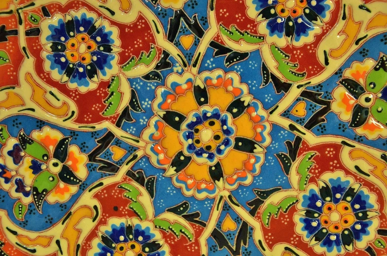 a close up of a colorful tile on a wall, inspired by Ford Madox Brown, flickr, qajar art, colorful bandana, detailed color scan”, folklorico, detailed painting“