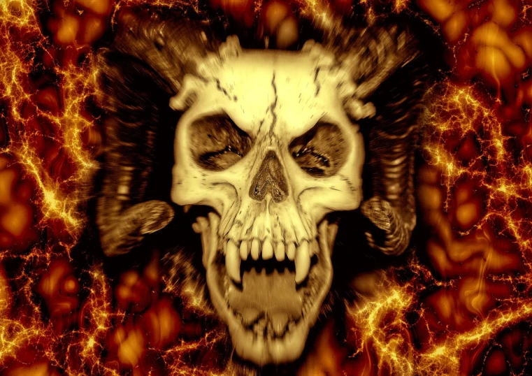 a close up of a skull with horns on it, a digital rendering, inspired by Boris Vallejo, digital art, flaming background, very scary photo, werewolf”, completely consisting of fire