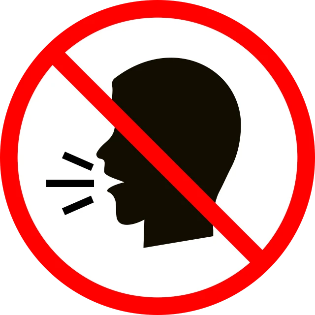 a no talking sign on a black background, by Robert Childress, pixabay, antipodeans, mouth closed, no helmet!!!!, smelly, men