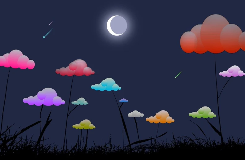 a night scene with a full moon and clouds, an illustration of, flickr, color field, field of fantasy flowers, cartoonish and simplistic, pc wallpaper, colorful photo