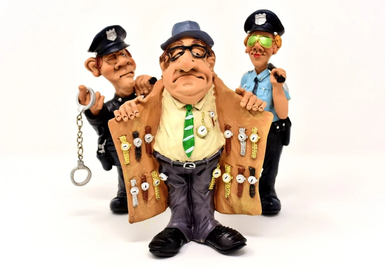 a couple of figurines sitting next to each other, inspired by William Gropper, cg society contest winner, naive art, police officer, as 3 figures, keys, professionally detailed