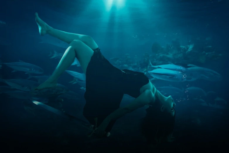 a woman that is laying down in the water, digital art, by Micha Klein, unsplash, conceptual art, a dark underwater scene, banner, still from a live action movie, wearing a dress made of water