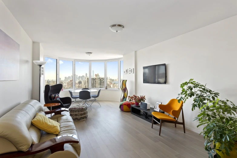 a living room filled with furniture and a large window, dada, manhattan, panorama view, modern very sharp photo