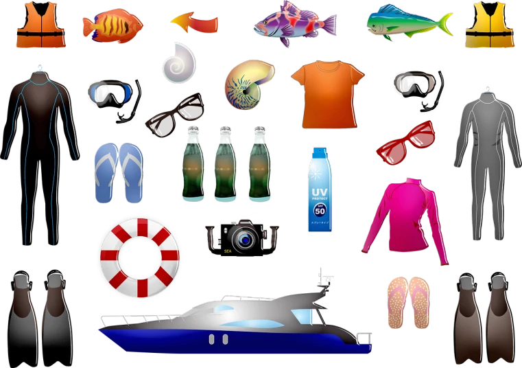 a bunch of different items on a black background, a digital rendering, flickr, ocean background setting, avatar image, tourist, clipart icon