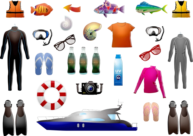 a bunch of different items on a black background, a digital rendering, flickr, ocean background setting, avatar image, tourist, clipart icon