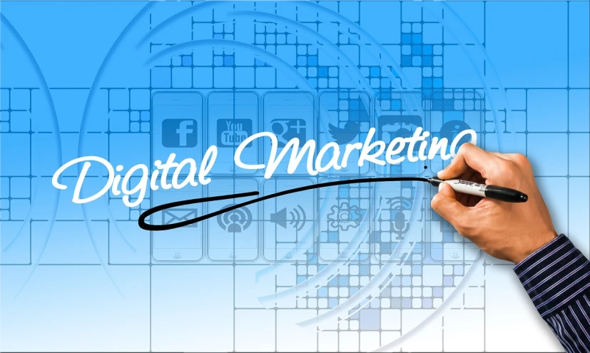 a hand writing digital marketing with a marker, a digital rendering, pixabay, digital art, blue, ilm and digital domain, stylized photo, digital banner